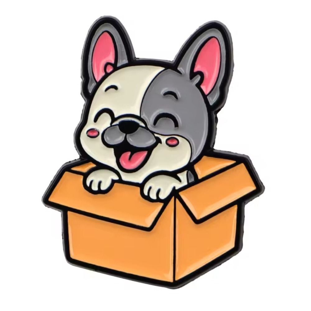 French Bulldog in Box Enamel Pin Cute Grey White Frenchie Puppy Dog Hat Lapel
